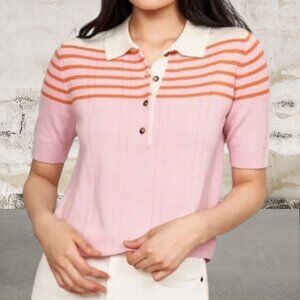 LA LIGNE NWT Short Sleeve Merino Wool Polo Shirt In Pink, Orange, Cream Size XS